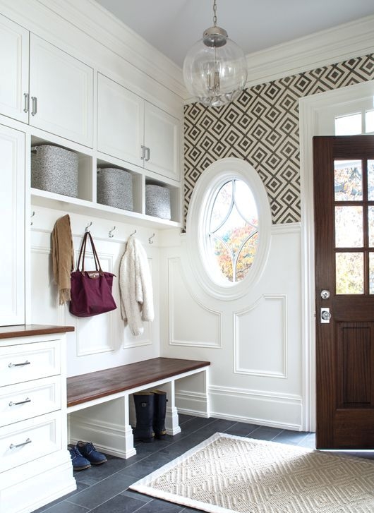 Elegant Small Mudroom with Built-In Bench and Storage