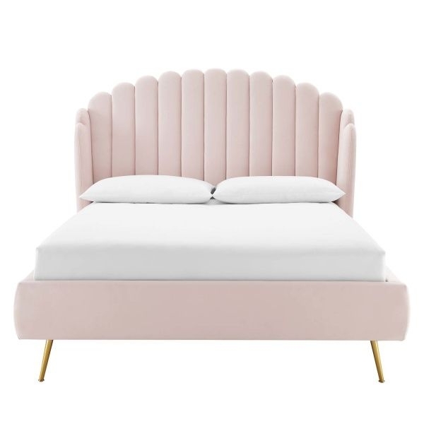 Elegant Soft Pink Wingback Bed with Gold Legs