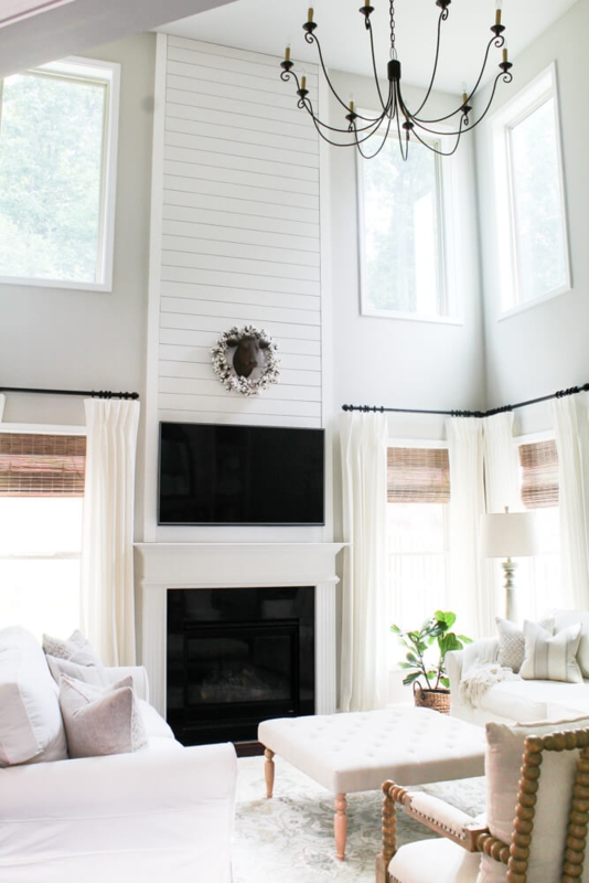 Elegant Tall White Fireplace with Shiplap Accent