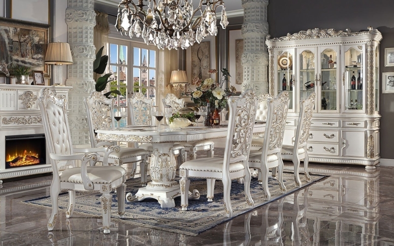 Elegant White 120 Inch Carved Dining Table Set