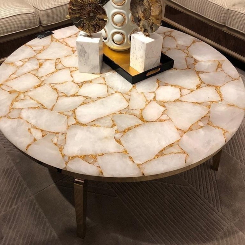 Elegant White Quartz Coffee Table with Gold Veins