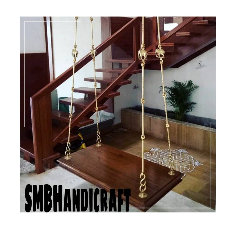 Elegant Wooden Ceiling Swing with Brass Detailing