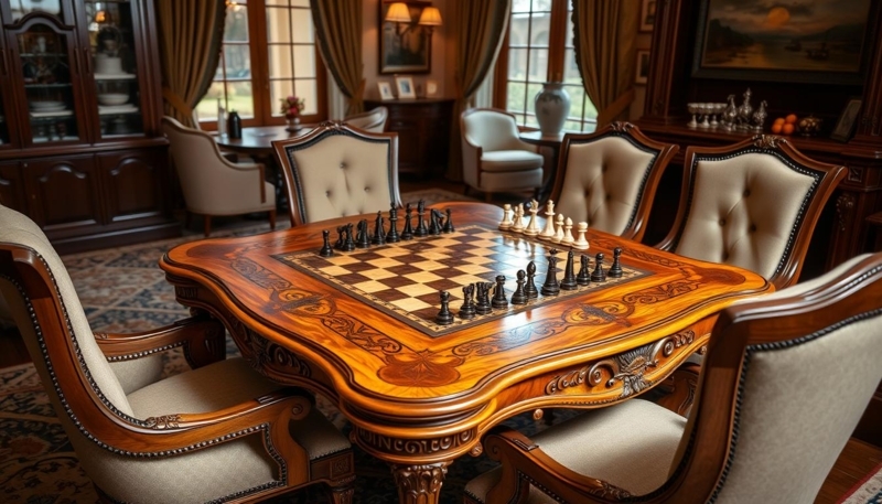 Elegant Wooden Chess Table and Upholstered Chairs