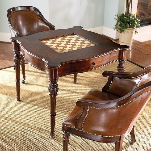 Elegant Wooden Chess Table with Leather Armchairs