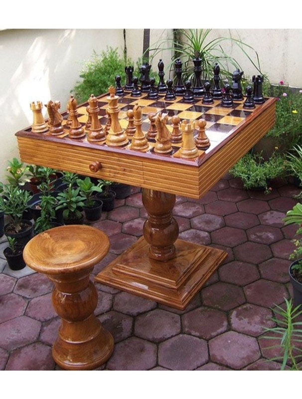 Elegant Wooden Chess Table with Matching Chair