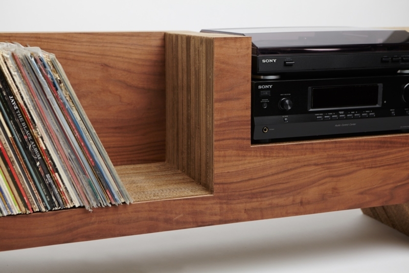 Elegant Wooden Record Player Console with Vinyl Storage