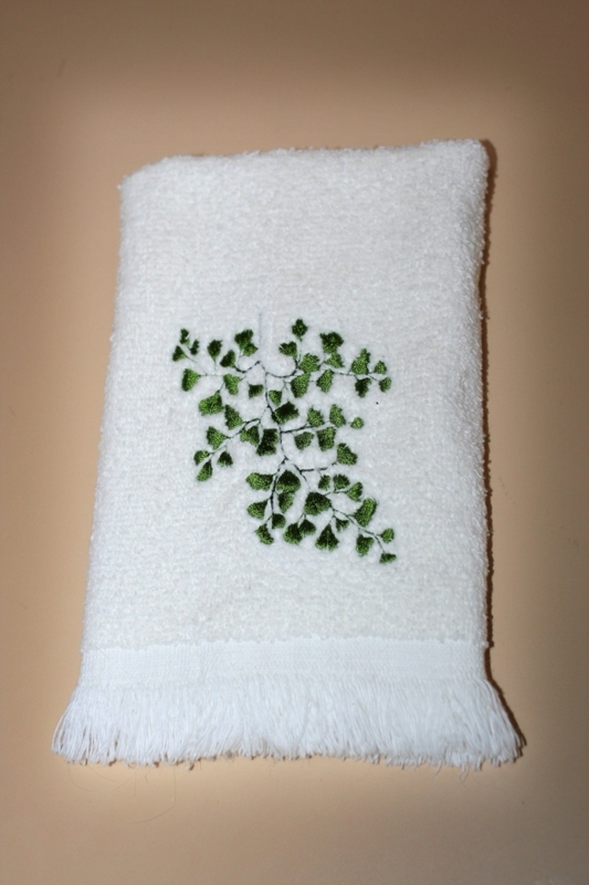Embroidered White Guest Towel with Green Leaf Design