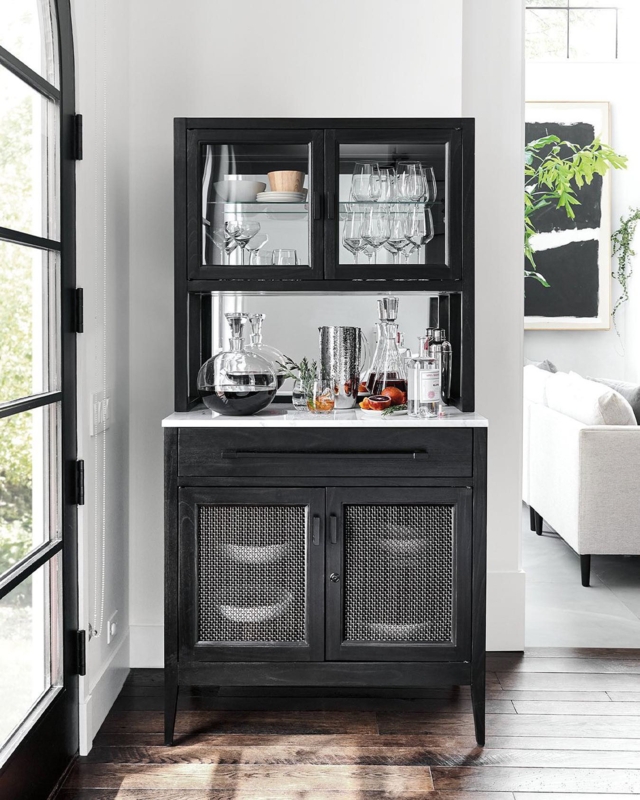 Enzo Black Marble Top Bar Cabinet with Glass Storage