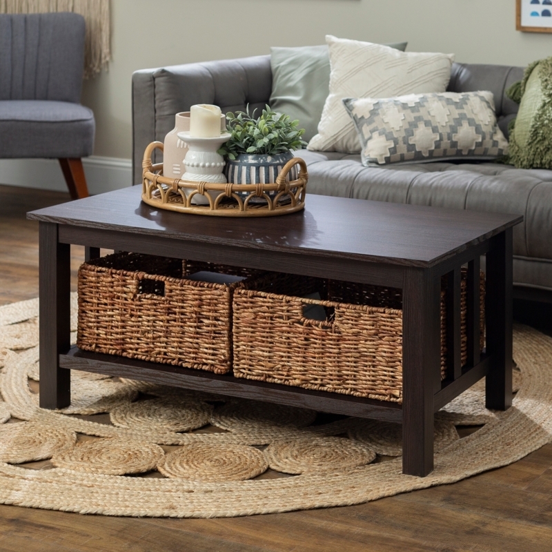 Espresso Coffee Table with Wicker Storage Baskets