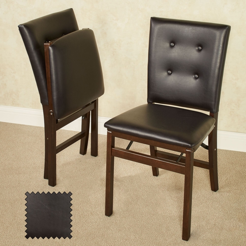 Espresso Faux Leather Folding Wood Chairs Pair