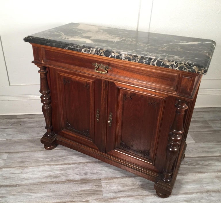 European Walnut Carved Marble-Top Cabinet