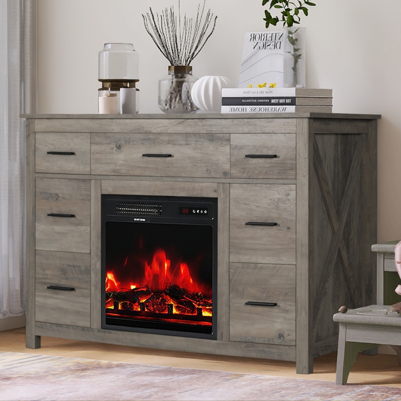 Farmhouse Wooden Dresser with Built-In Electric Fireplace