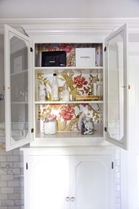 Floral Cabinet Wallpaper for Elegant Bathroom Storage