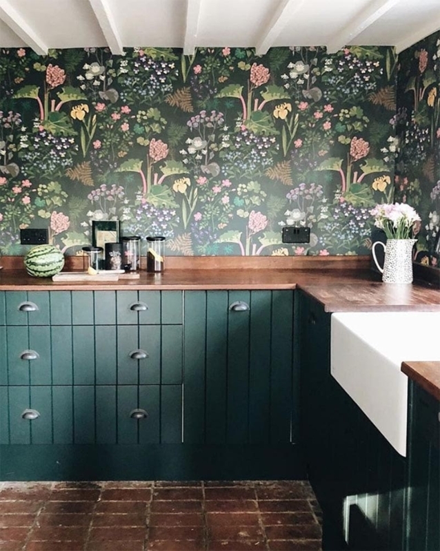 Floral Wallpaper with Dark Green Kitchen Cabinets