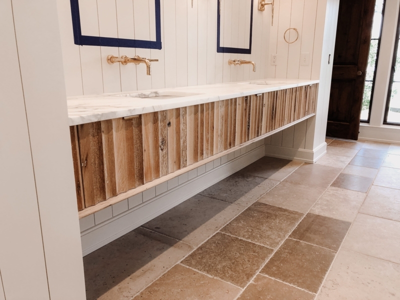 Fluted Reclaimed Oak Floating Vanity with Marble Top