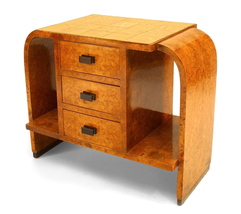 French Art Deco Burl Maple End Table with Drawers