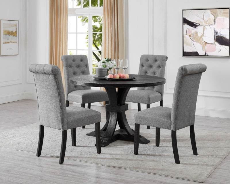 Gray Upholstered Dining Chairs with Round Wood Table