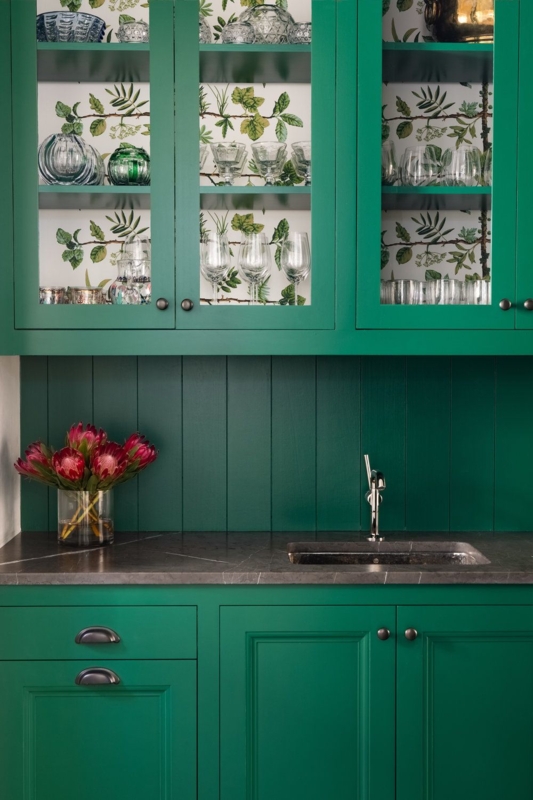 Green Kitchen Cabinets with Botanical Wallpaper