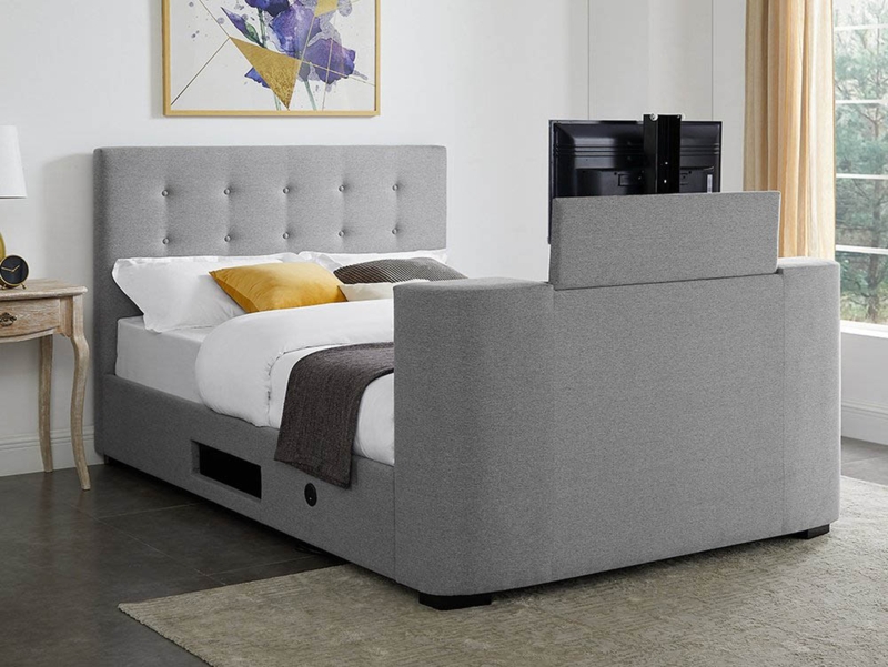Grey Upholstered Double TV Bed Frame with Storage