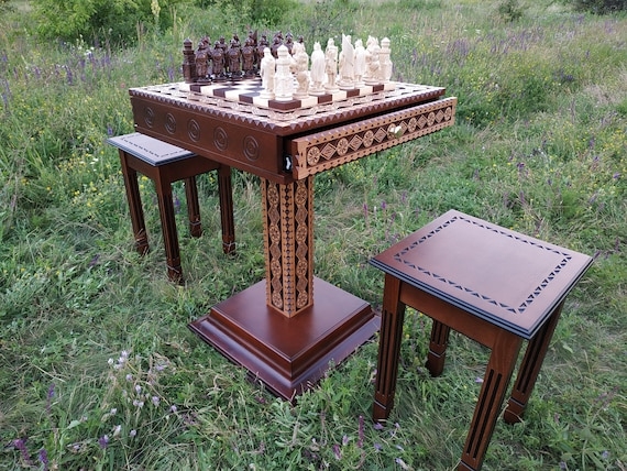 Hand-Carved Wooden Chess Table with Storage Stools