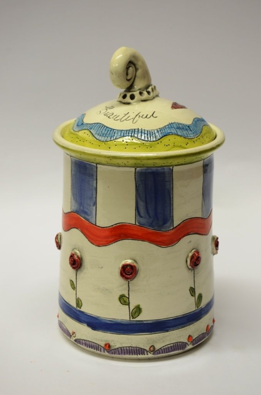 Hand-Painted Ceramic Cookie Jar with Floral Design