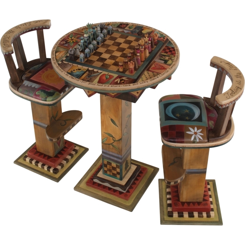 Hand-Painted Wooden Chess Table with Artistic Chairs
