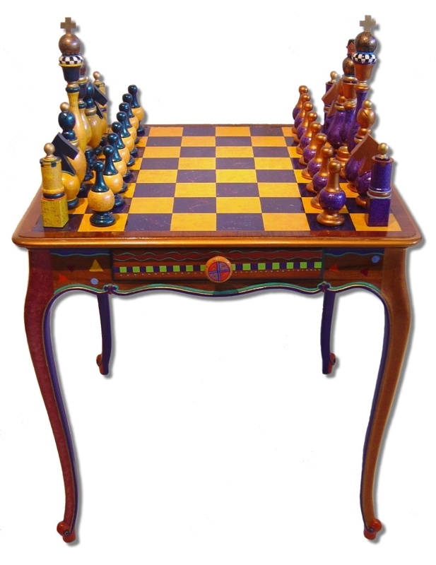 Hand-Painted Wooden Chess Table with Artistic Details