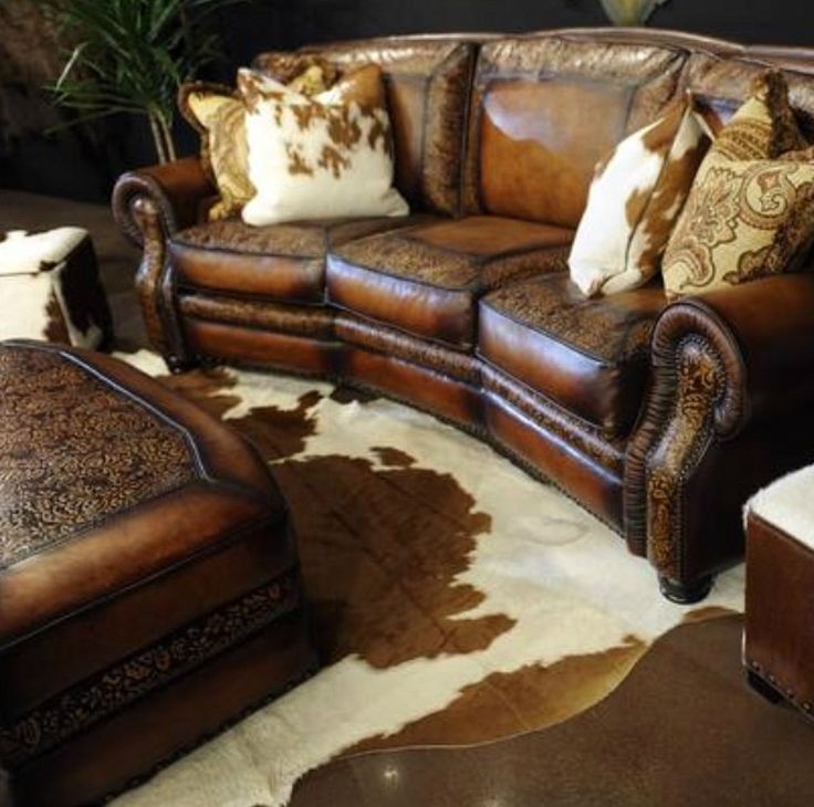 Hand-tooled leather sofa and ottoman | Western decor living room ...