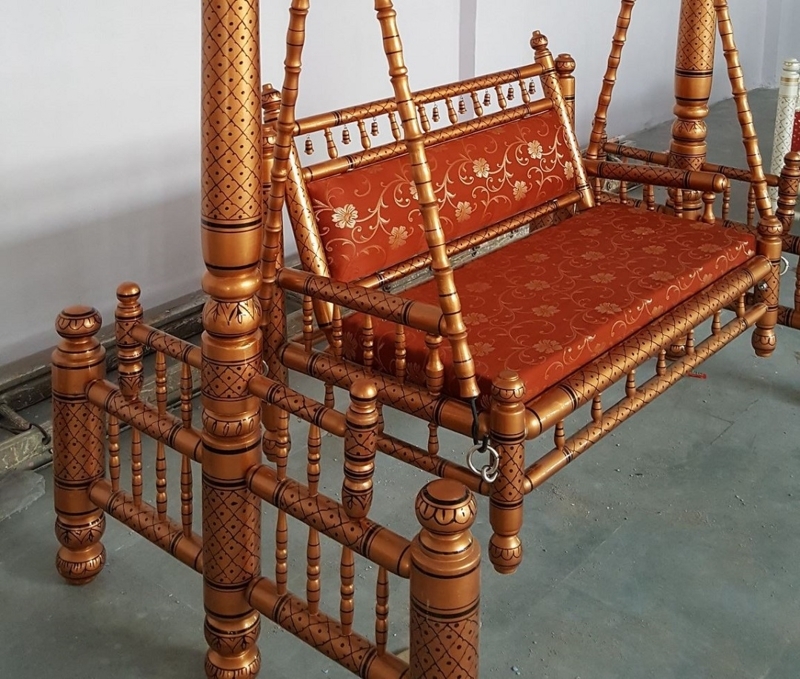 Handcrafted Sankheda Wooden Indoor Swing with Cushions