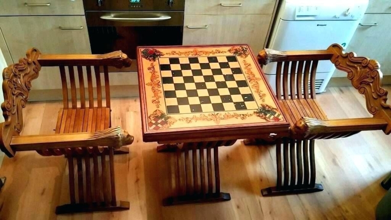 Handcrafted Wooden Chess Table with Lion Head Armchairs