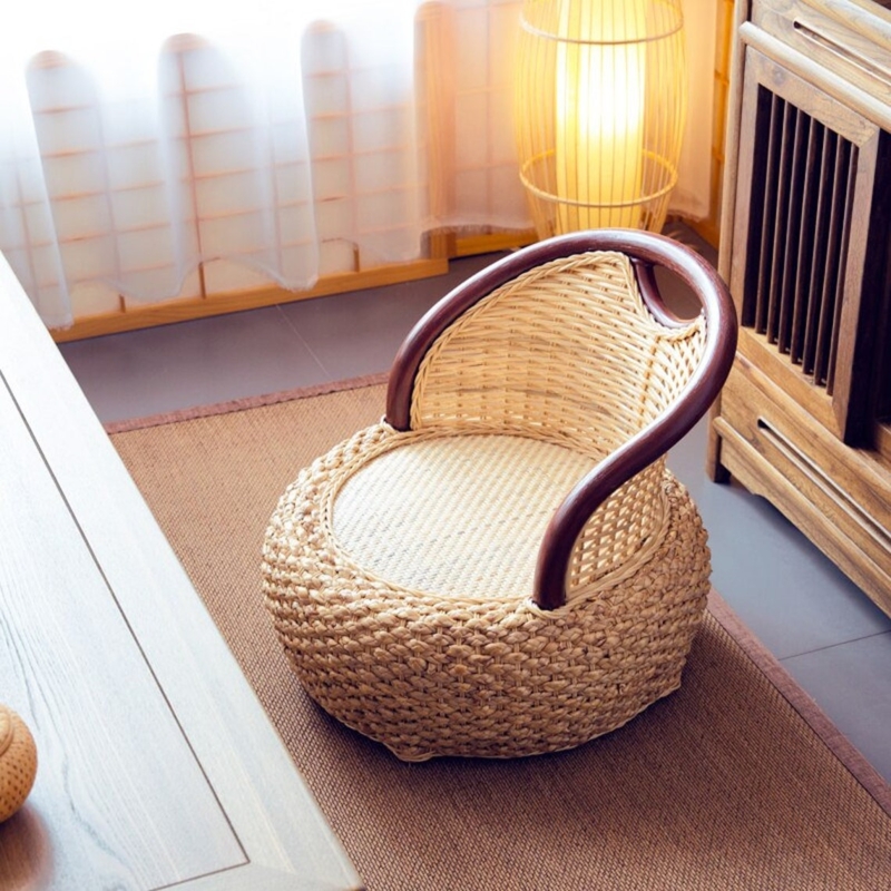 Handmade Japanese Woven Floor Chair with Wooden Armrests