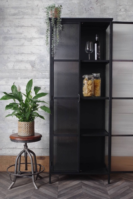 Industrial Matt Black Fluted Glass Display Cabinet