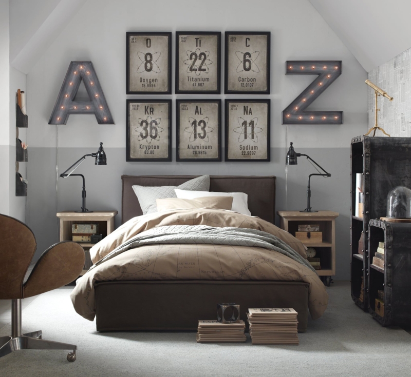 Industrial Men's Bedroom with Periodic Table Wall Art