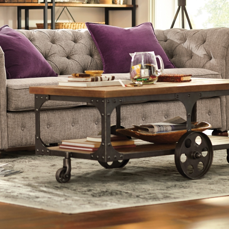 Industrial Style Rolling Coffee Table with Wooden Top