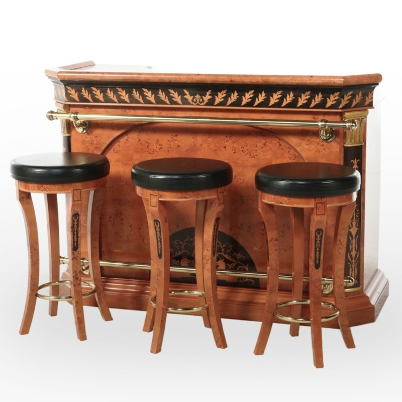 Italian Neoclassical Marble Top Bar Cabinet with Stools