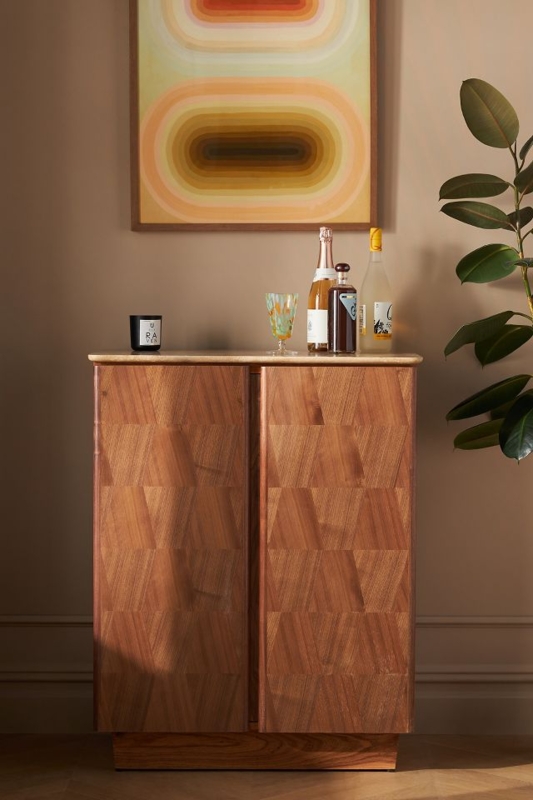 Jett Walnut Wood Marble-Top Bar Cabinet Design
