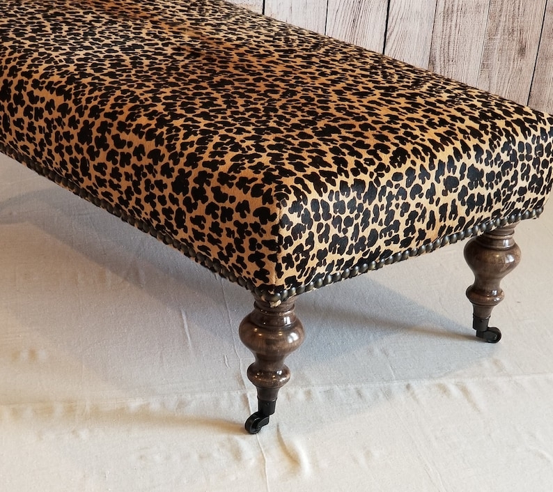 Leopard Print Cowhide Ottoman with Wooden Legs