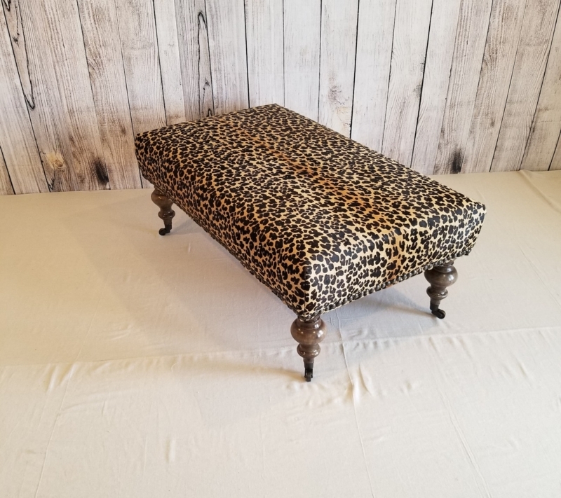 Leopard Print Cowhide Ottoman with Wooden Legs