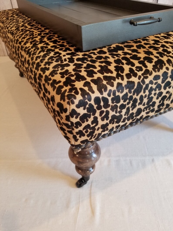Leopard Print Cowhide Ottoman with Wooden Tray
