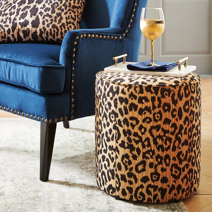 Leopard Print Drum Ottoman with Blue Velvet Chair