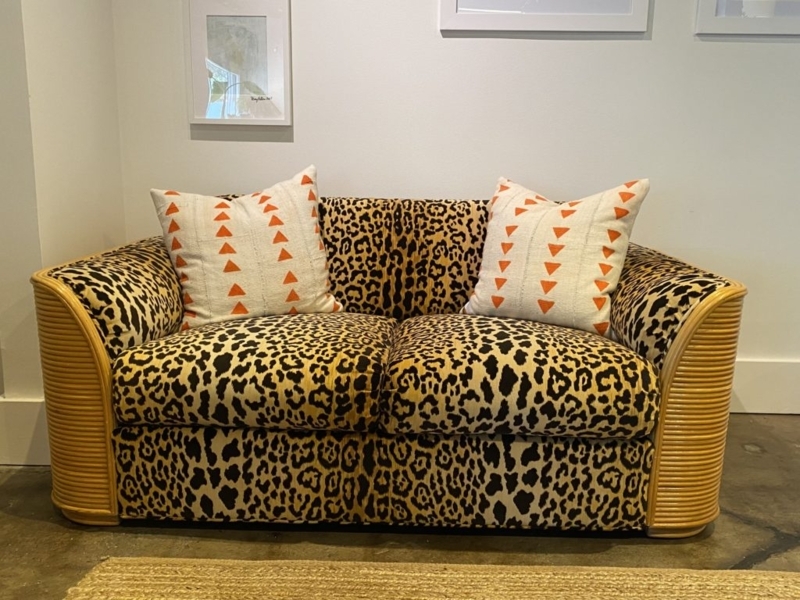 Leopard Print Sofa with Natural Rattan Armrests