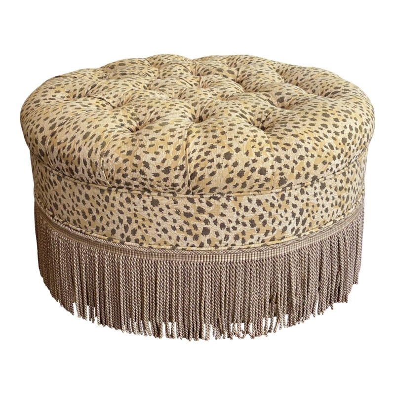 Leopard Print Tufted Round Ottoman with Fringe