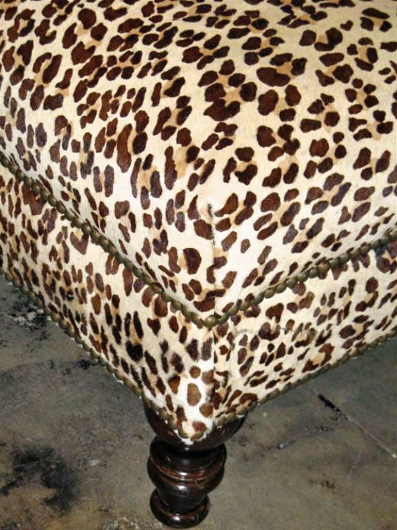 Leopard Print Upholstered Ottoman with Nailhead Trim