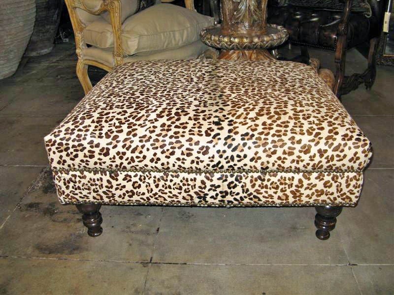 Leopard Print Upholstered Ottoman with Wooden Legs