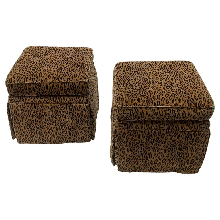 Leopard Print Velvet Upholstered Accent Ottomans