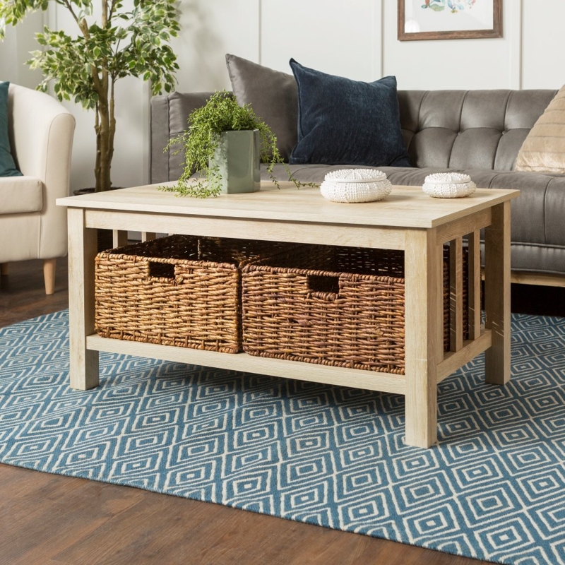 Living Room Coffee Table With Woven Basket Storage