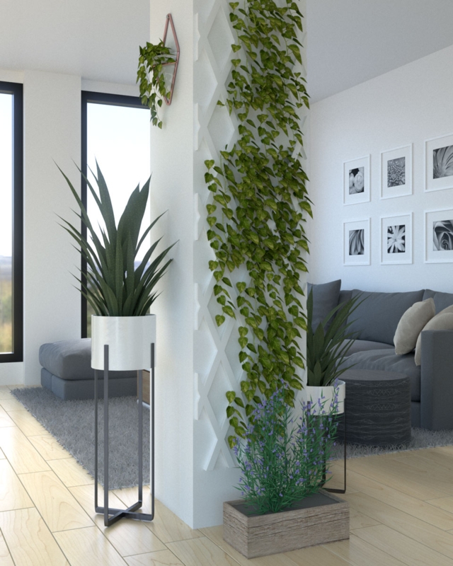 Living Room Column Decor with Greenery and Planters