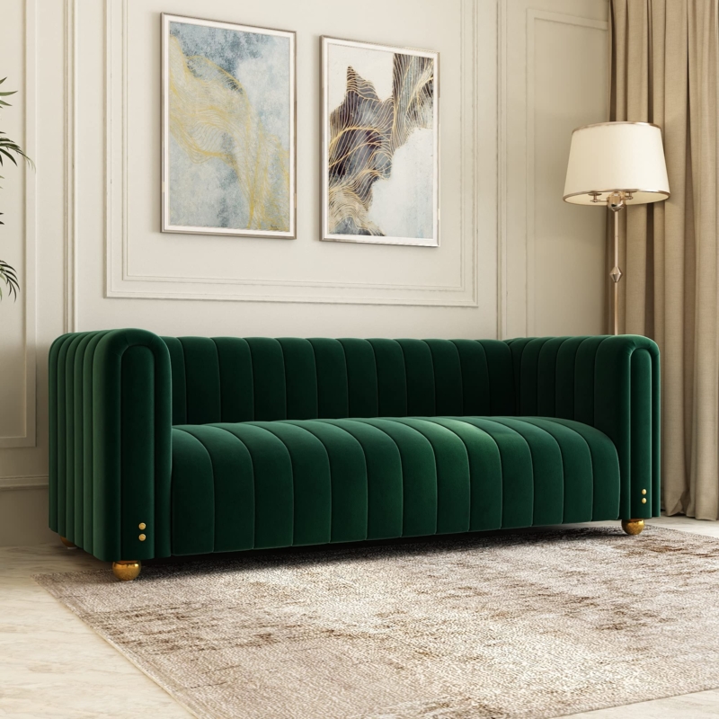Luxurious Emerald Green Velvet Sofa with Gold Accents