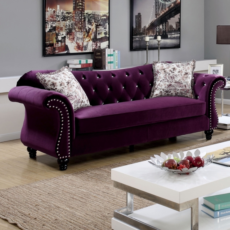 Luxurious Purple Velvet Tufted Sofa with Nailhead Trim