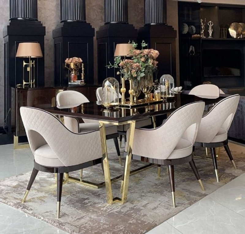 Luxury Art Deco Beige and Dark Brown Dining Chairs